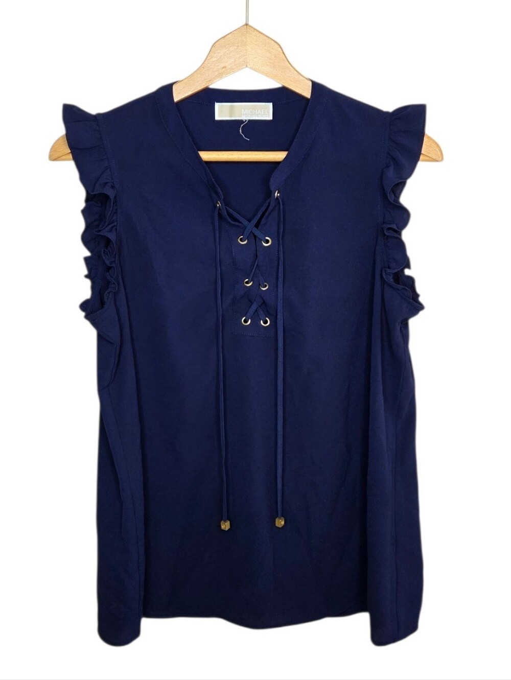 MICHAEL Michael Kors Navy Blue Ruffle Lace-Up Tank Blouse Feminine Office Work